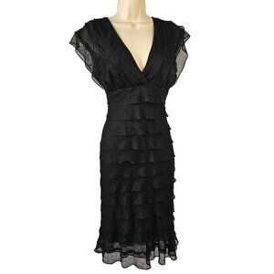 Max Studio Tiered Ruffle Little Black Dress Deep V Neck Flutter Sleeve Womens S